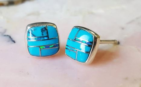Sterling Silver AZ Turquoise Inlaid Earrings