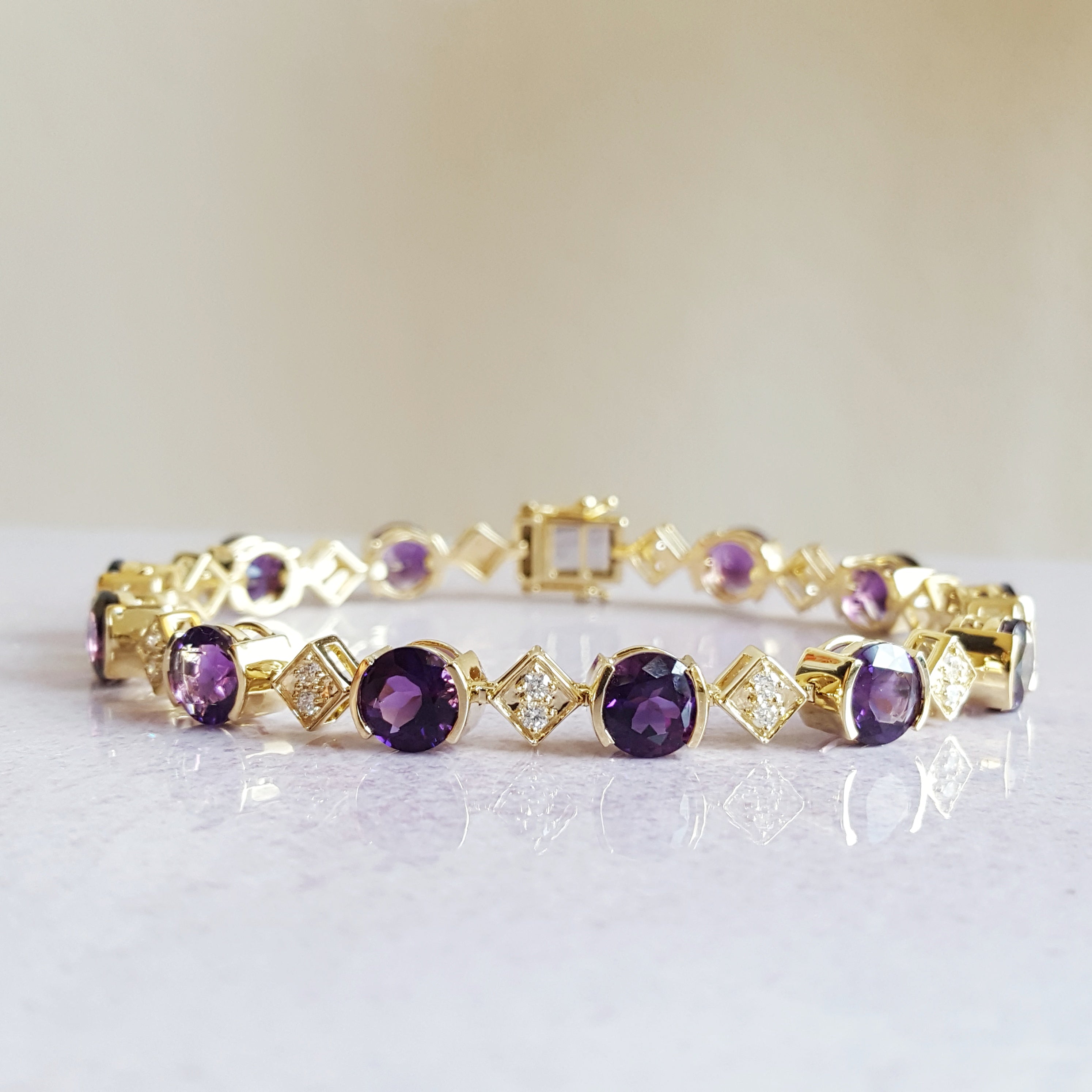14ky Custom Arizona Four Peaks Amethyst & Diamond Link Bracelet