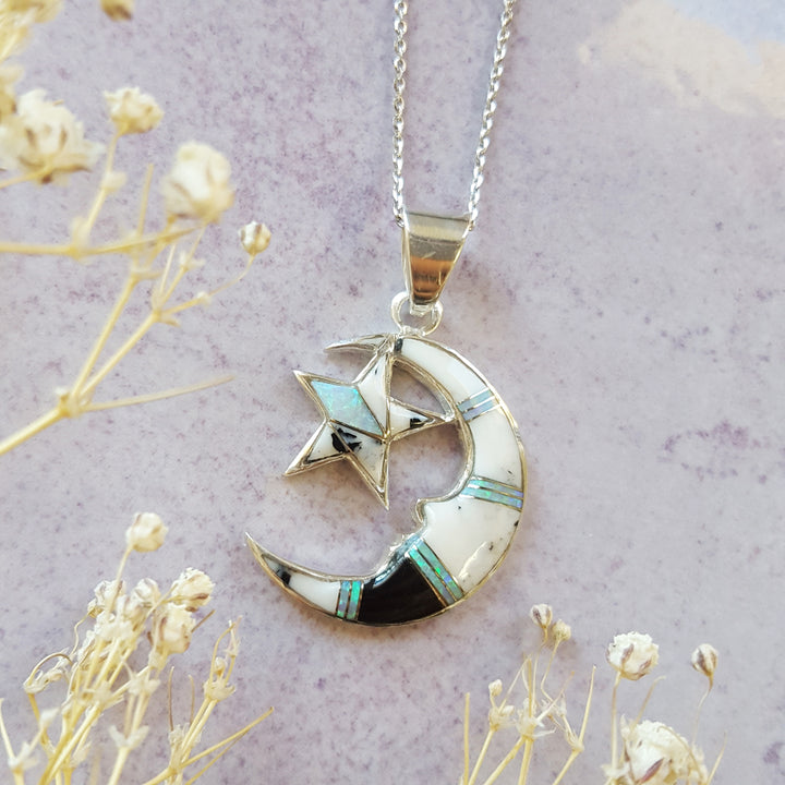 Sterling Silver White Buffalo Inlaid Moon and Star Pendant