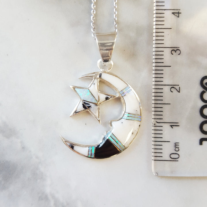 Sterling Silver White Buffalo Inlaid Moon and Star Pendant