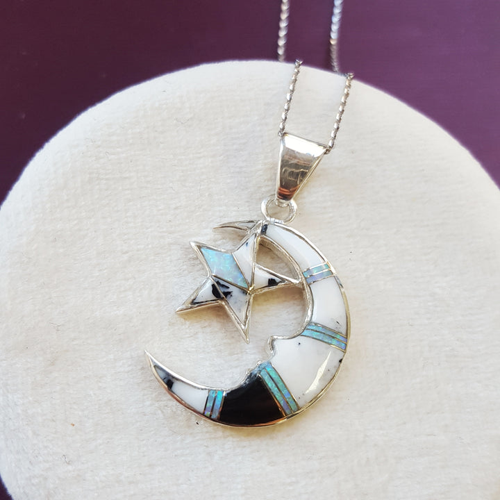 Sterling Silver White Buffalo Inlaid Moon and Star Pendant