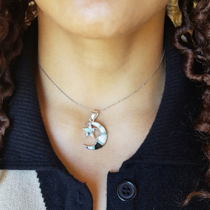 Sterling Silver White Buffalo Inlaid Moon and Star Pendant