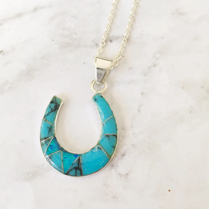 Sterling Silver American Turquoise and Created Opal Inlaid Horseshoe Pendant