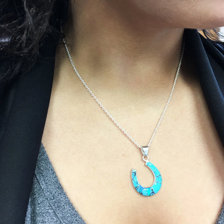 Sterling Silver American Turquoise and Created Opal Inlaid Horseshoe Pendant