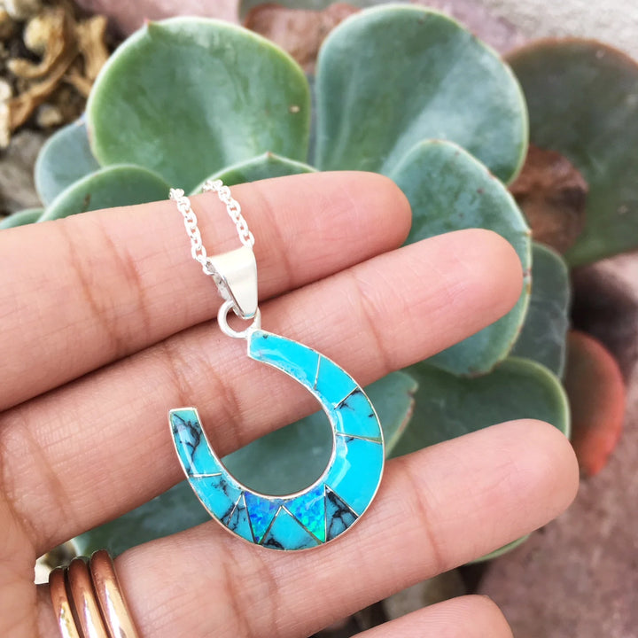 Sterling Silver American Turquoise and Created Opal Inlaid Horseshoe Pendant