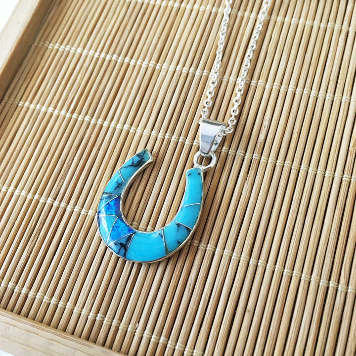 Sterling Silver American Turquoise and Created Opal Inlaid Horseshoe Pendant