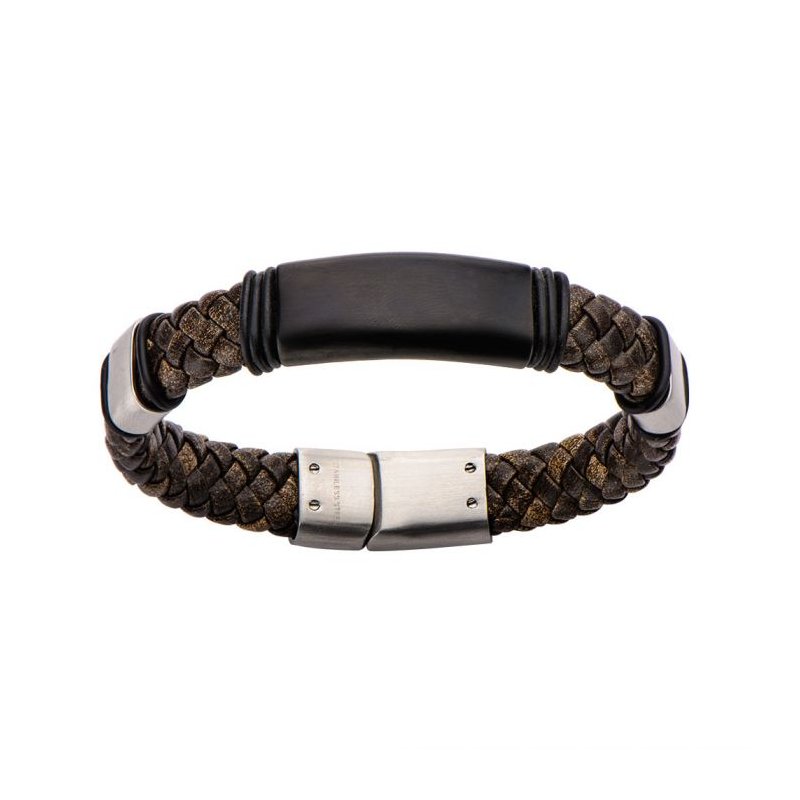 INOX Jewelry Brown Braided Leather Steel Clasp Bracelet – Sami