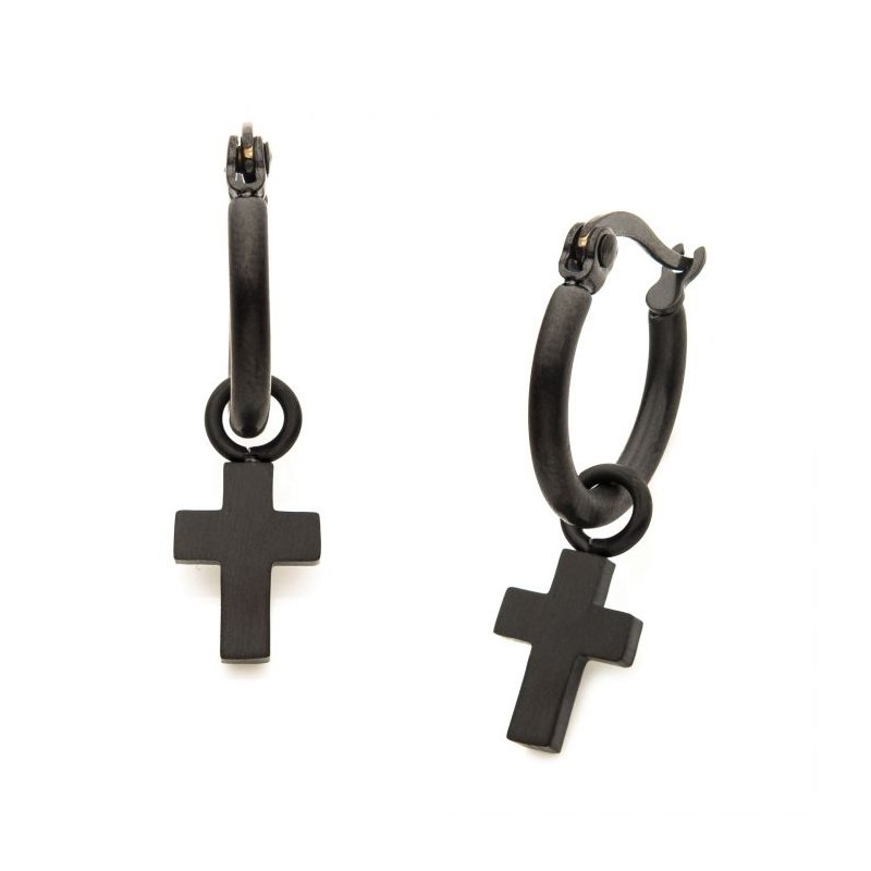 INOX Jewelry Matte Black IP Hoop with Cross Dangle Earrings