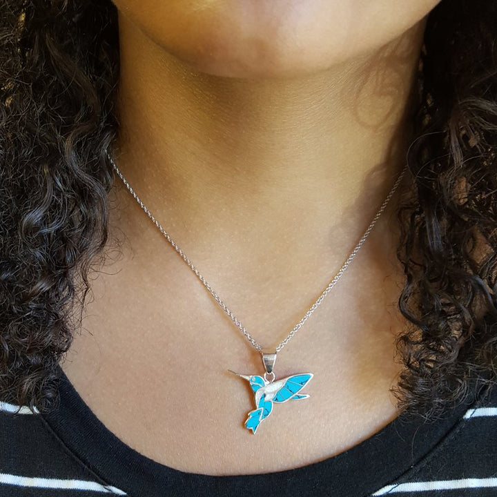 Arizona Turquoise and Inlaid Jewelry Fluttering Hummingbird Pendant
