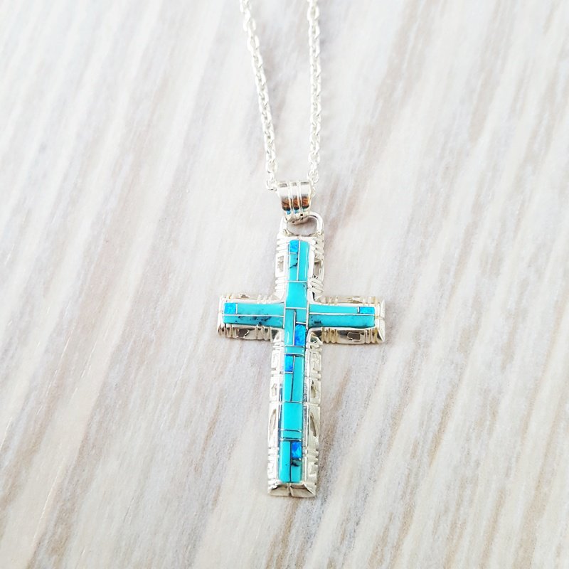 Arizona Turquoise and Inlaid Jewelry Modern Cross Pendant 2411163