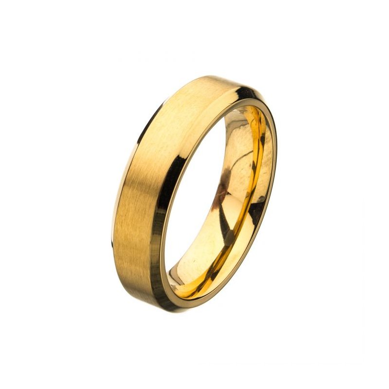 INOX Jewelry Matte Stainless Steel 6mm Gold IP Beveled Wedding Band Ring
