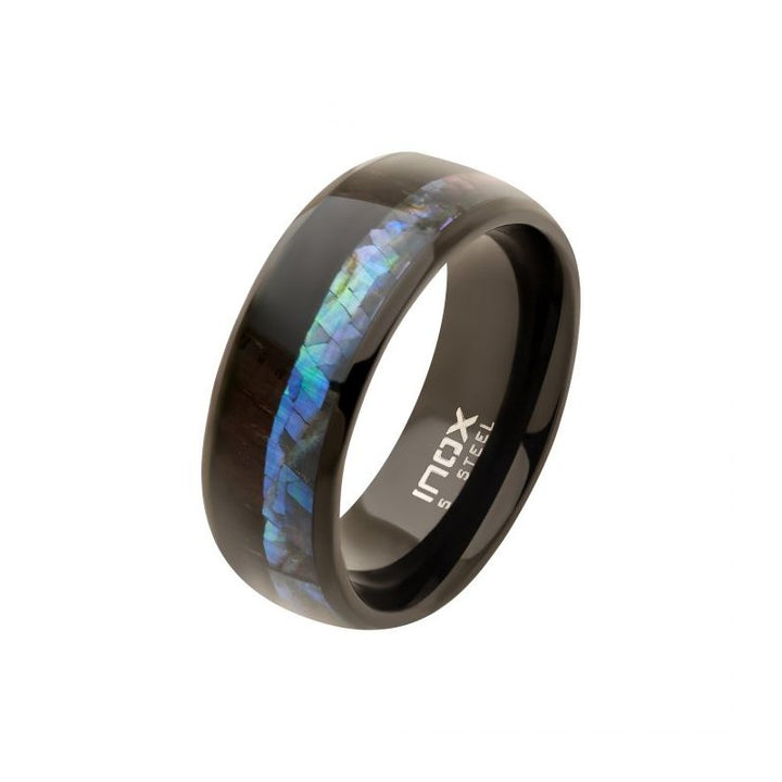 INOX Jewelry Black IP Abalone Shell & Ebony Wood Inlay Ring FR129K