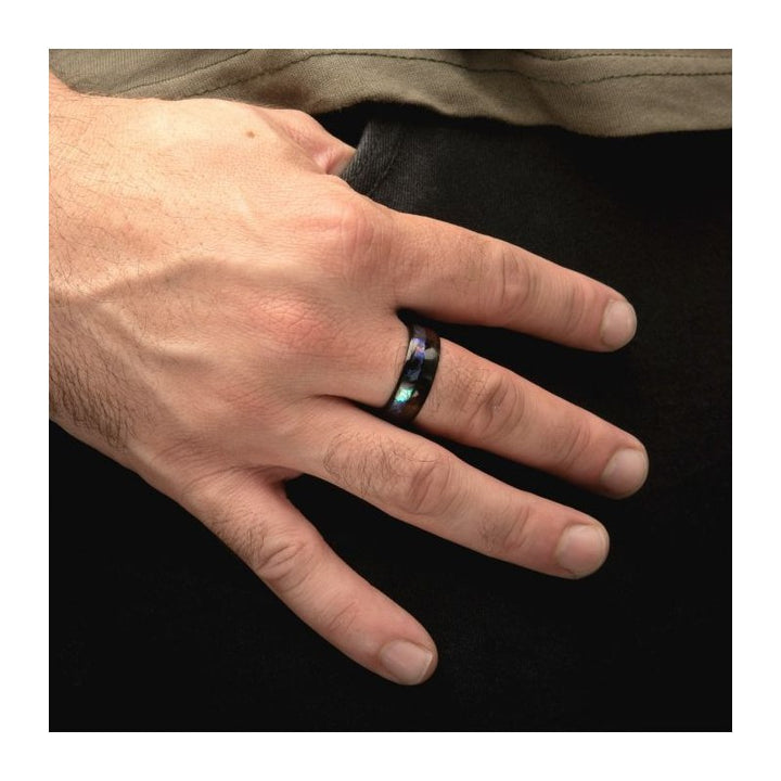 INOX Jewelry Black IP Abalone Shell & Ebony Wood Inlay Ring