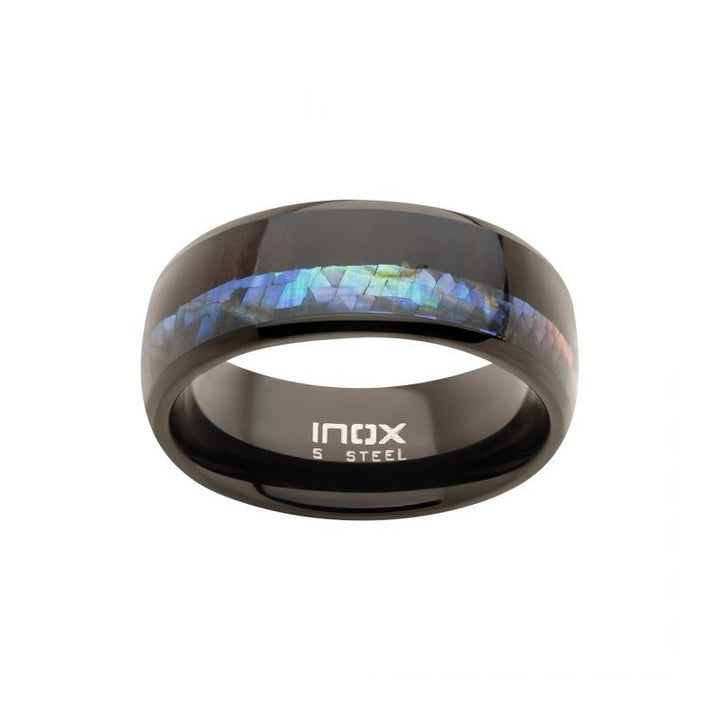 INOX Jewelry Black IP Abalone Shell & Ebony Wood Inlay Ring