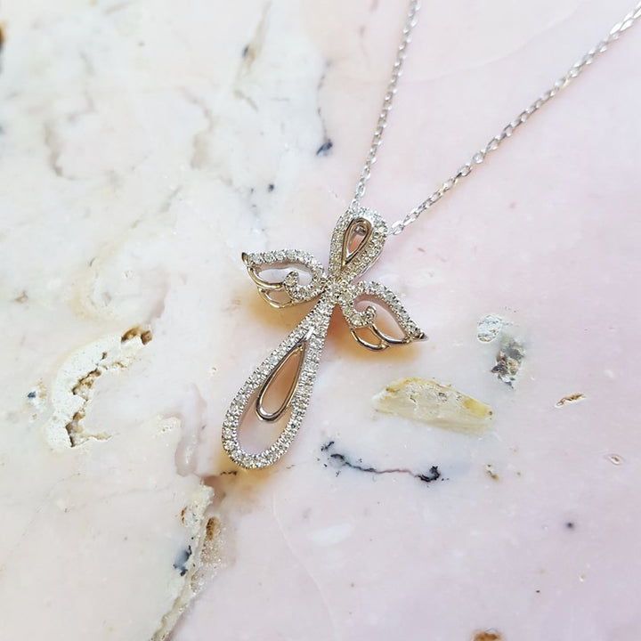 Angel Wings 14k White Gold Diamond Cross Necklace