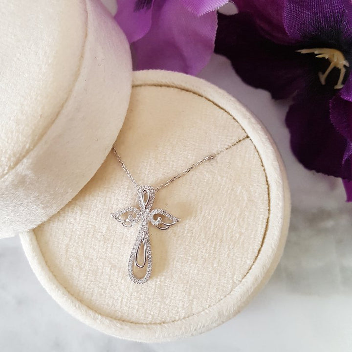 Angel Wings 14k White Gold Diamond Cross Necklace