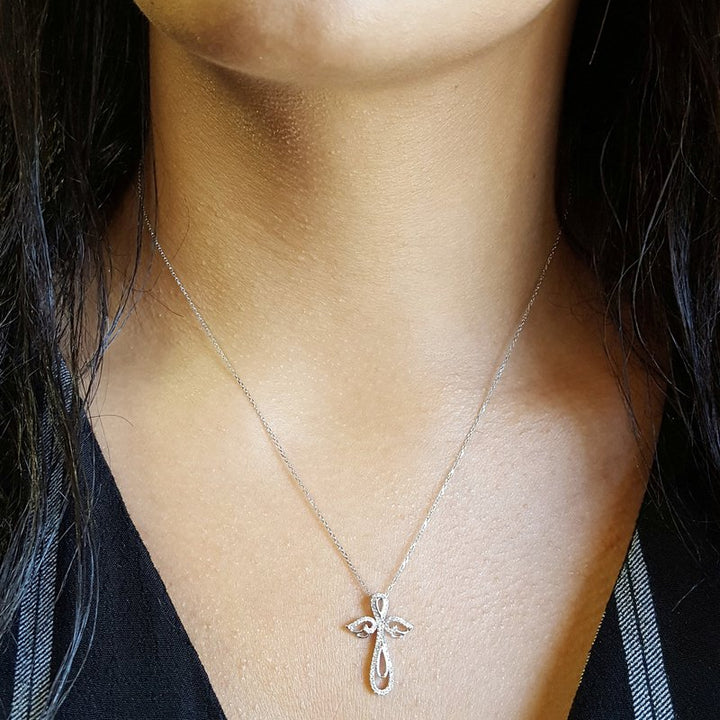 Angel Wings 14k White Gold Diamond Cross Necklace