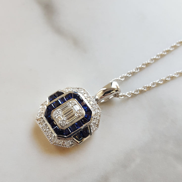 Allison Kaufman 14k White Gold Emerald Shaped Sapphire Pendant