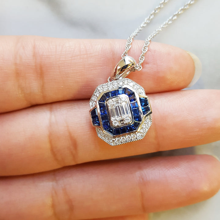 Allison Kaufman 14k White Gold Emerald Shaped Sapphire Pendant
