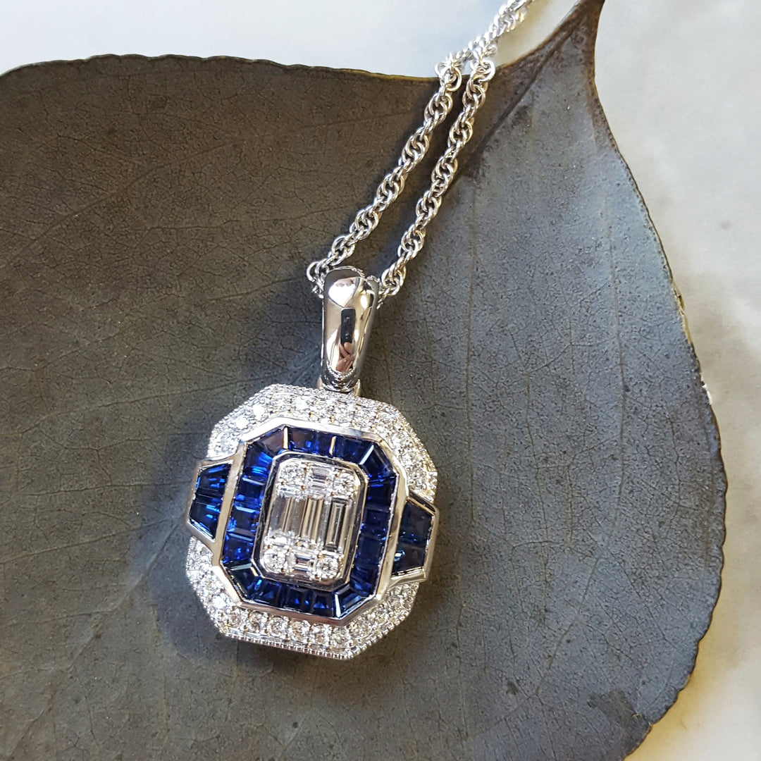 Allison Kaufman 14k White Gold Emerald Shaped Sapphire Pendant