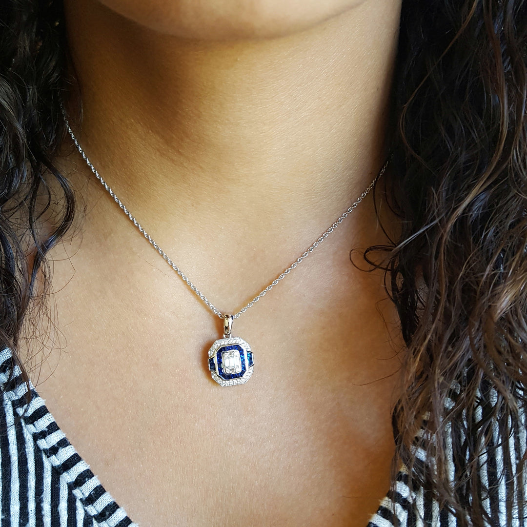Allison Kaufman 14k White Gold Emerald Shaped Sapphire Pendant