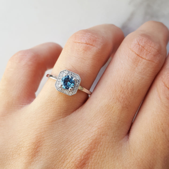 Double Halo Bleu Topaz Ring