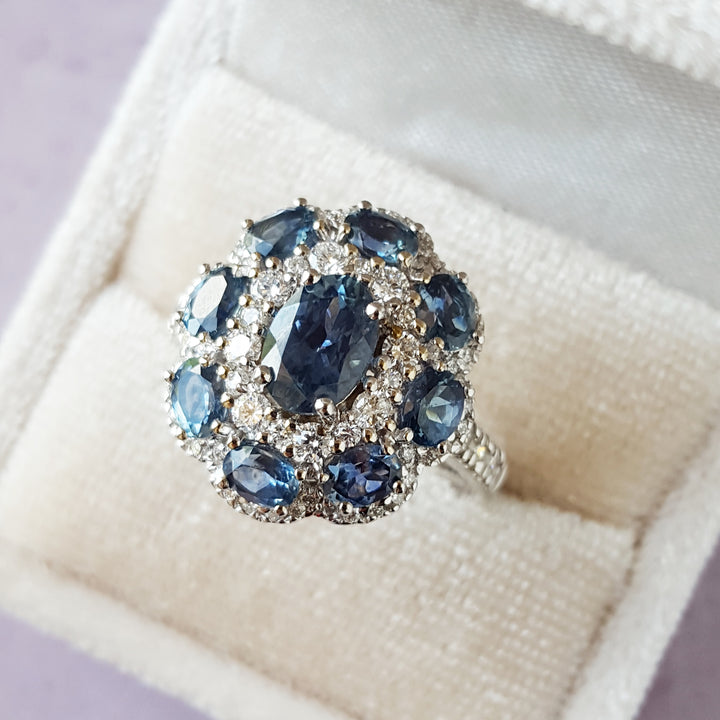 14K White Gold Montana Sapphire and Diamond Vintage Inspried Flower Motif Ring