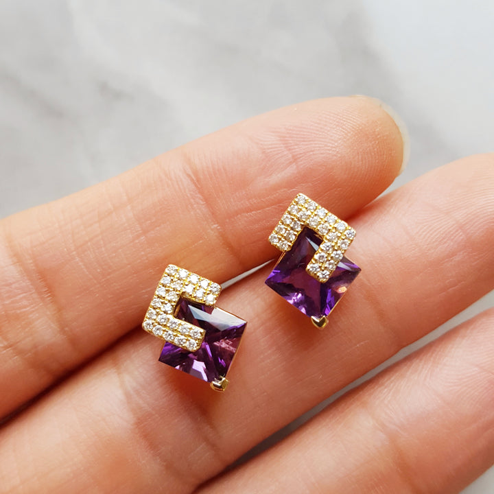 Yellow Geometric Amethyst Studs