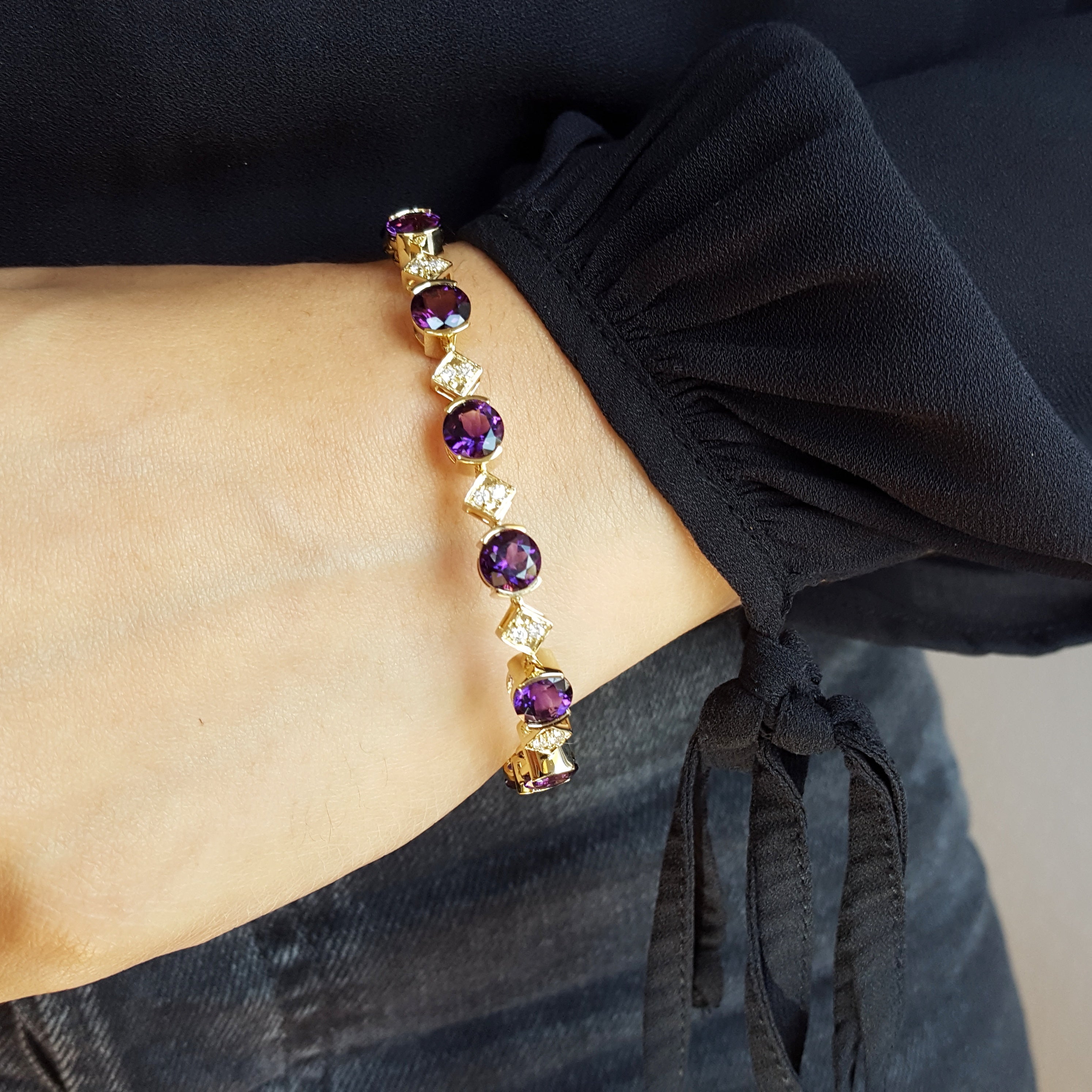 14ky Custom Arizona Four Peaks Amethyst & Diamond Link Bracelet