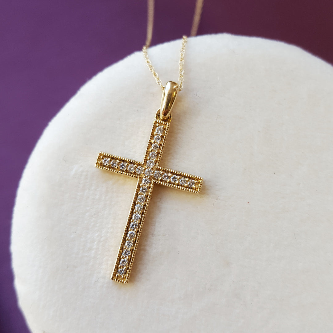 Yellow Gold Milgrain and Diamond Cross Pendant - Main Image