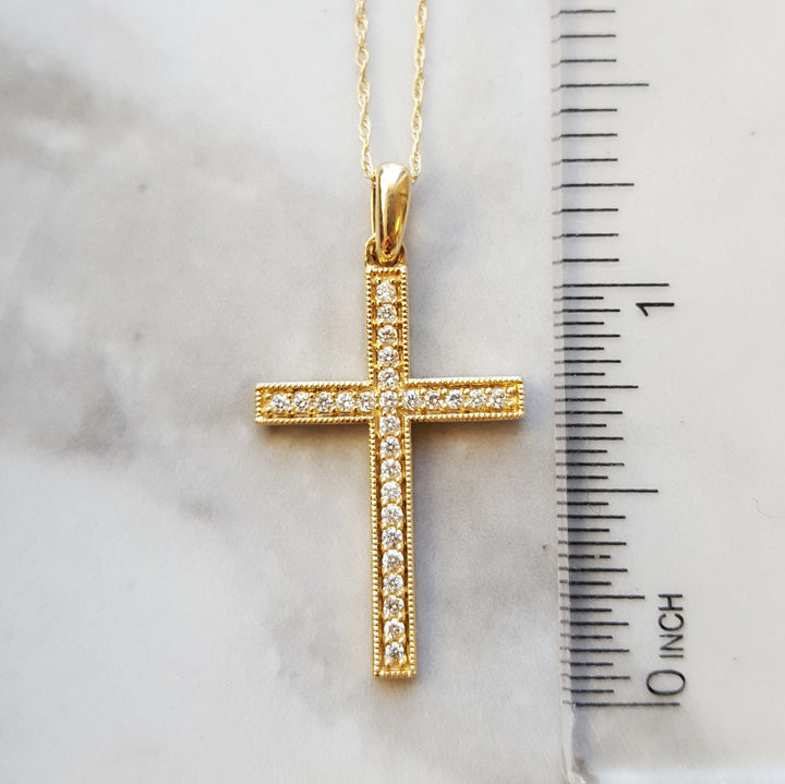 Yellow Gold Milgrain and Diamond Cross Pendant