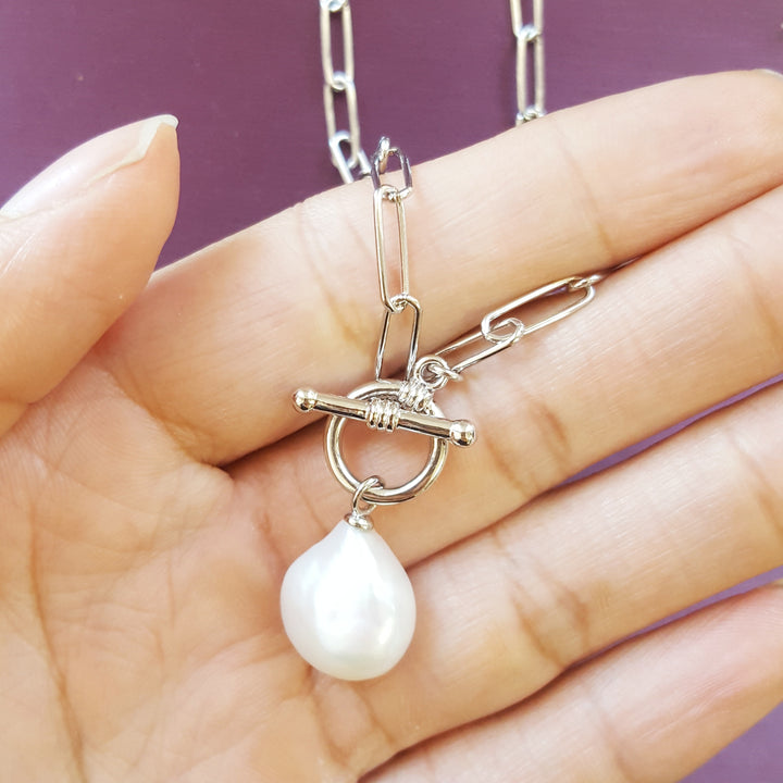 Pearl and Silver Lariat Necklace