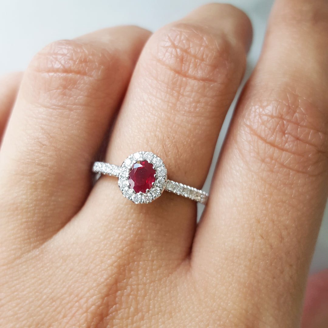 Cherry Red Ruby Haloed Ring
