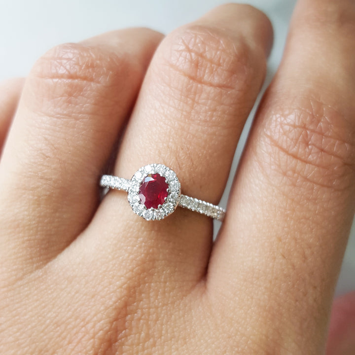 Cherry Red Ruby Haloed Ring