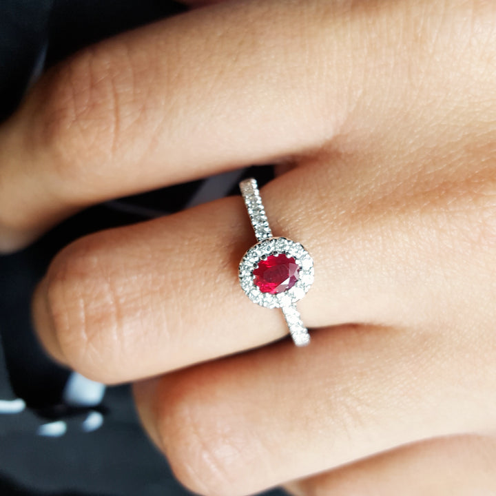 Cherry Red Ruby Haloed Ring