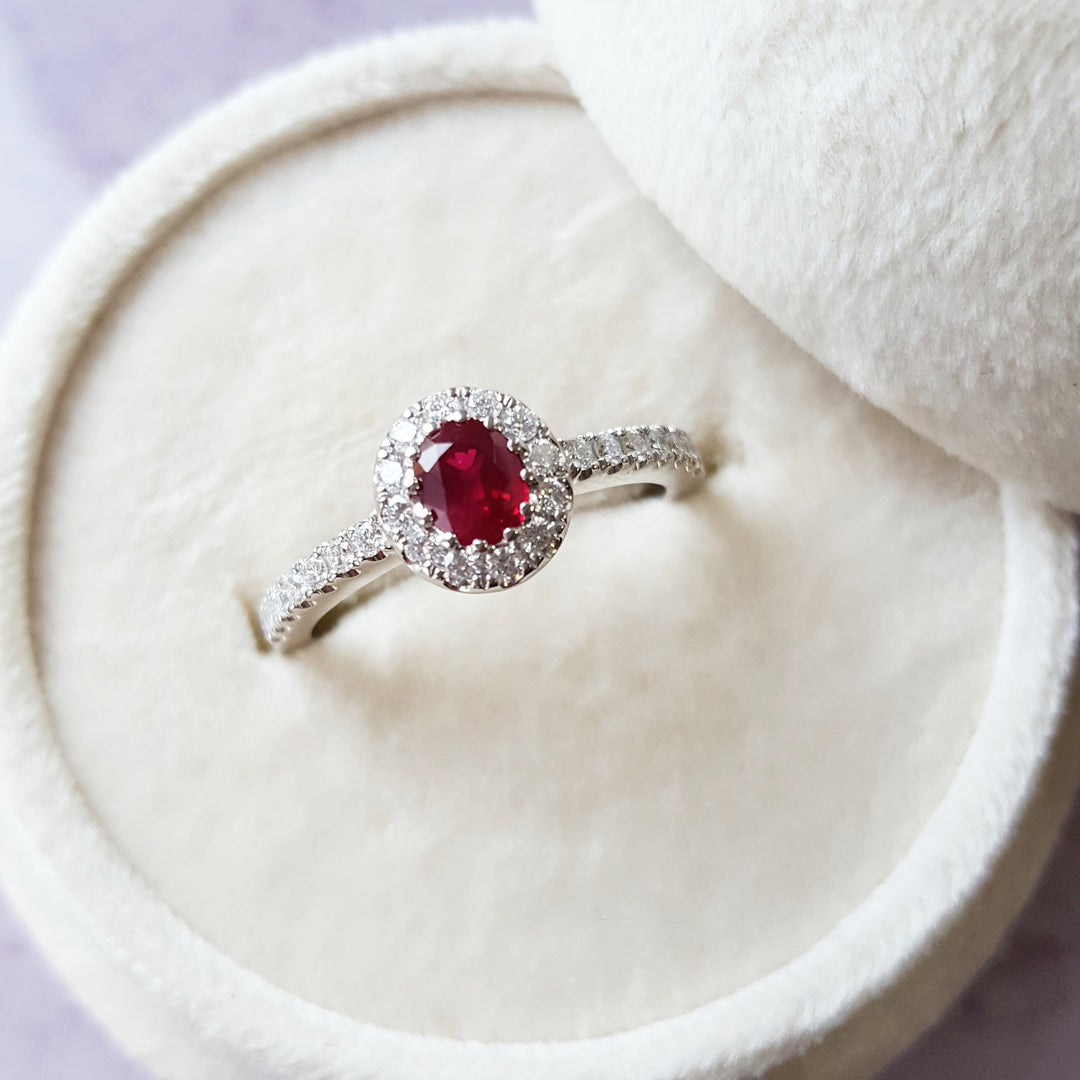 Cherry Red Ruby Haloed Ring