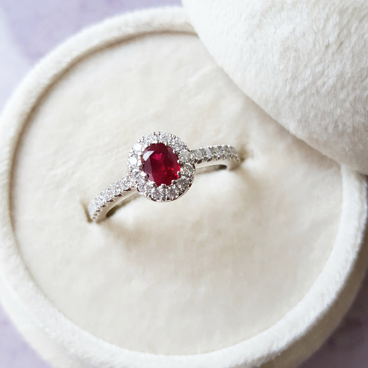 Cherry Red Ruby Haloed Ring