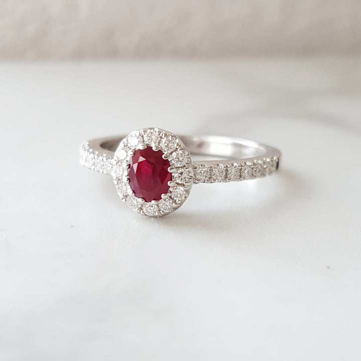 Cherry Red Ruby Haloed Ring