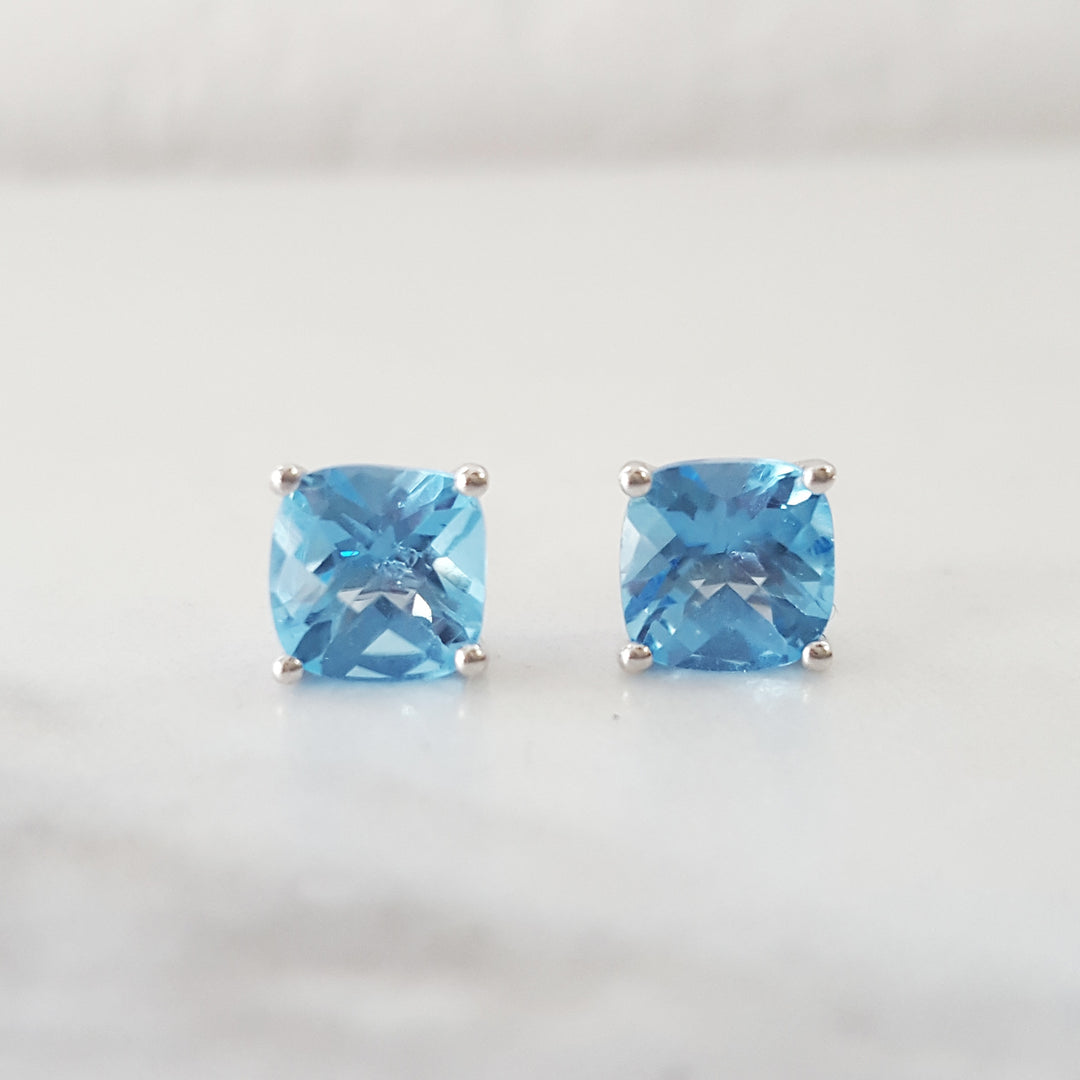Cushion Blue Topaz Studs