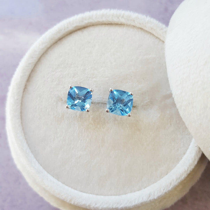 Cushion Blue Topaz Studs