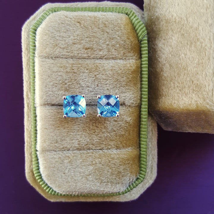 Cushion Blue Topaz Studs