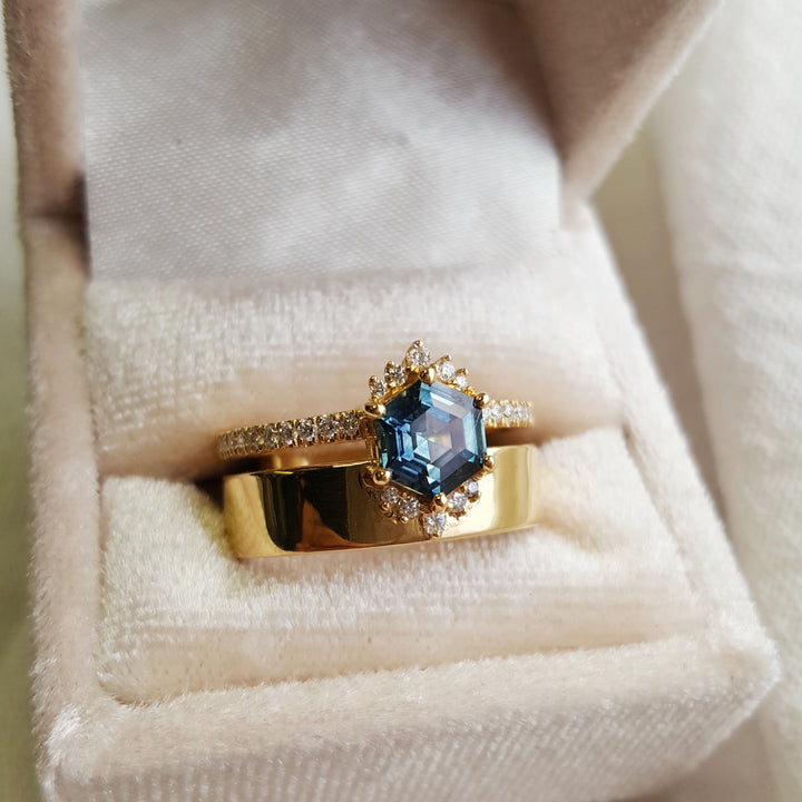 Wide Band and Haloed Hexagon Montana Sapphire Ring