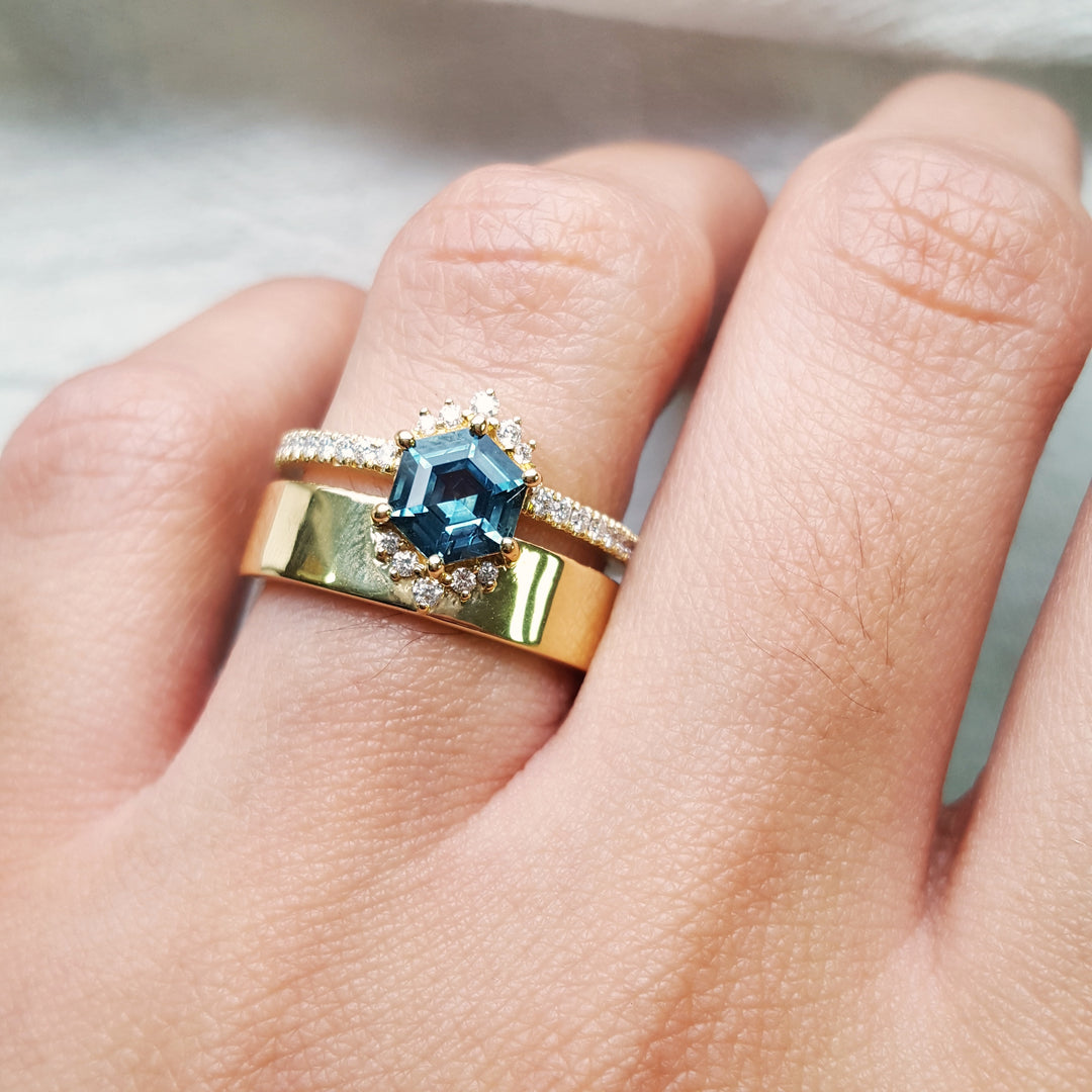 Wide Band and Haloed Hexagon Montana Sapphire Ring