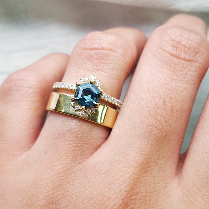 Wide Band and Haloed Hexagon Montana Sapphire Ring