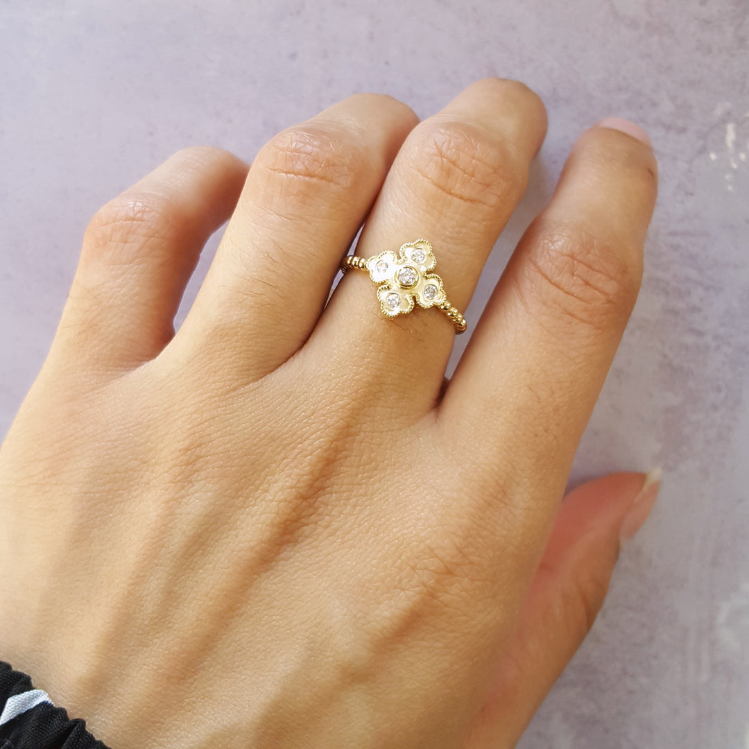 Diamond Beaded Clover Ring