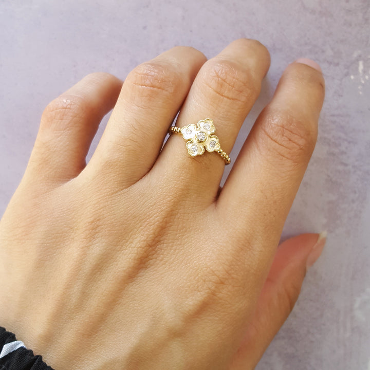 Diamond Beaded Clover Ring