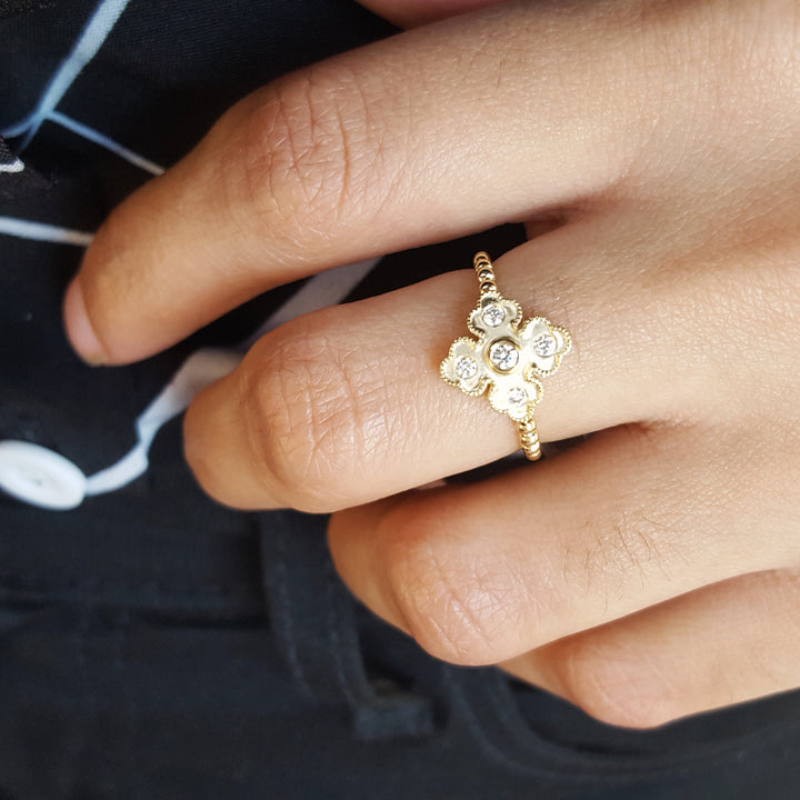 Diamond Beaded Clover Ring