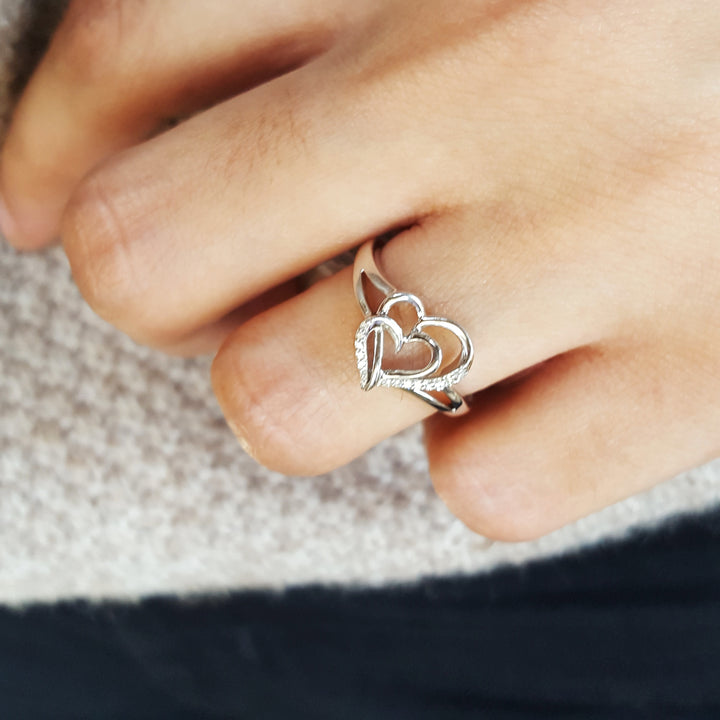 Double Diamond Heart Silver Ring