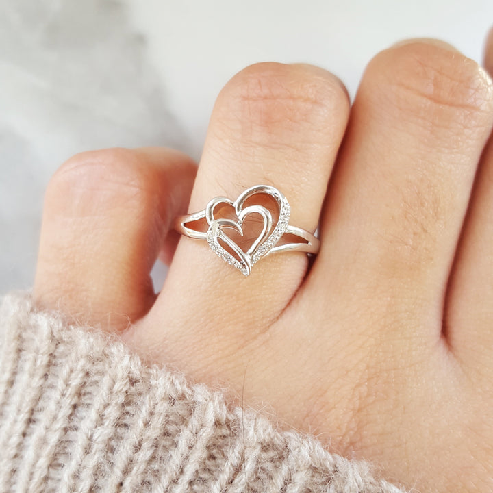 Double Diamond Heart Silver Ring