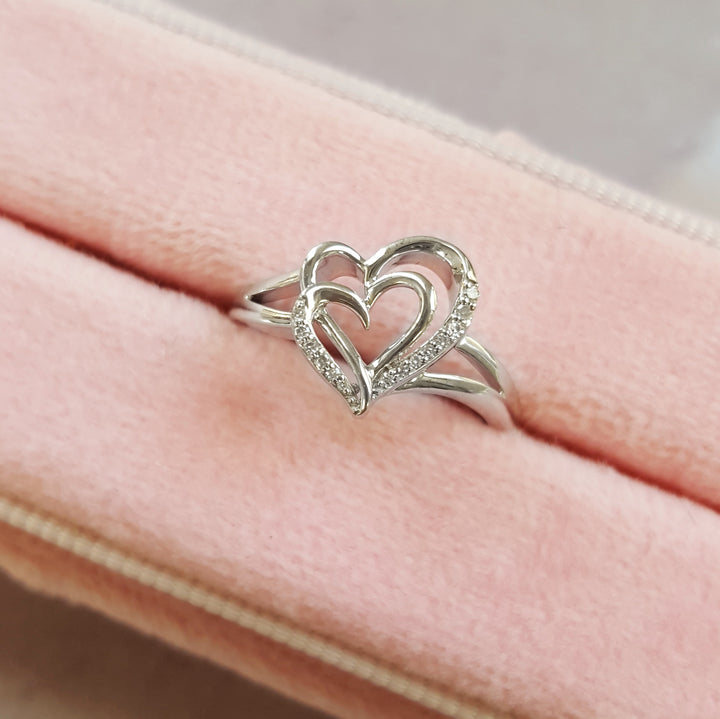 Double Diamond Heart Silver Ring